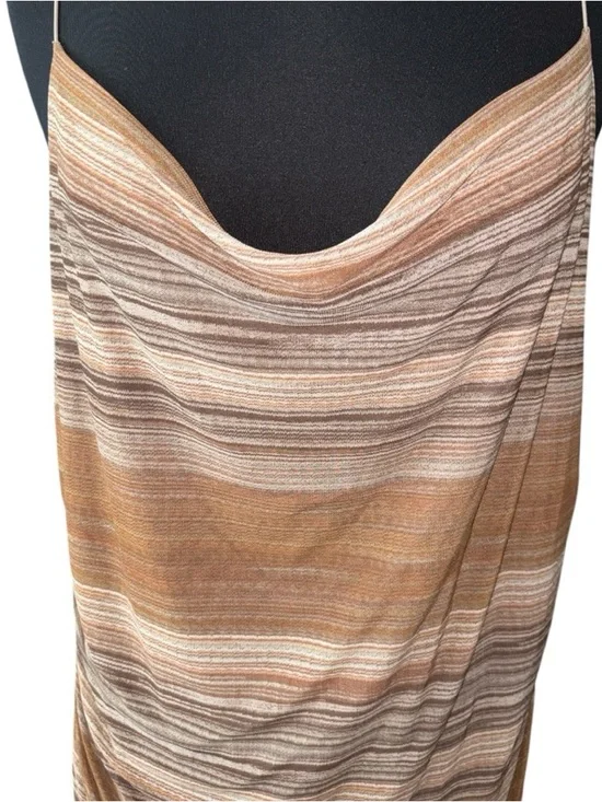 Striped Cowl Neck Slip Dress in Brown and Taupe, P2P:18”, L:35” - Picture 3 of 6